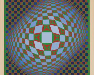 1 Victor Vasarely (1906-1997) "Vilag," 1978 Screenprint in colors on paper Edition: 150/275 Signed and numbered in pencil in the lower margin: Vasarely; Atelier Arcay, Paris, France, pub. Image: 23 3/4 x 23 3/4 in.; Sight 26 x 26 in. Estimate: $500 - $700