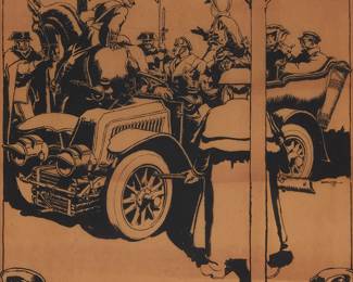 86 Peter Helck (1893-1988) "At the Frontier," 1925 Ink and traces of pencil on paper Signed and dated at the center of the right edge: Helck / '25; signed again "Helck" and titled on exhibition labels affixed to the frame's backing paper Sight: 20 1/4 x 18 1/4 in. Estimate: $300 - $500
