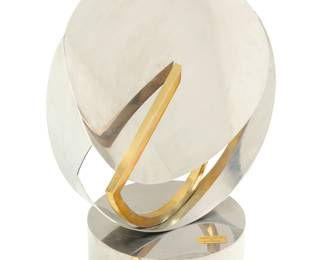 173 Betty Younger (1932-2019) "Viking Dream" Brushed metal and brass, articulated Titled and attributed to applied metal plaques Height 34 1/2 in., width 25 in., depth 18 1/4 in. Estimate: $800 - $1,200