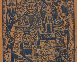 297 Helmi Dagmar Juvonen (1903-1985) "Untitled (Exotic Figures)," circa 1958 Linocut with pencil and traces of pastel on thin brown paper From the edition of unknown but presumably small size Signed in pencil in the lower margin, at right: Helmi; titled by repute Image: 10 x 7 7/8 in.; Sight: 11 3/4 x 8 5/8 in. Estimate: $300 - $500