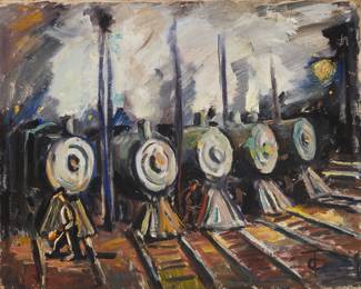 272 Ted Christensen (1911-1998) "The Roundhouse," 1949 Oil on canvasboard Signed with monogram lower right; TC; signed again, Ted Christensen, titled, and dated, 1949, all verso 16 x 20 in. Estimate: $400 - $600