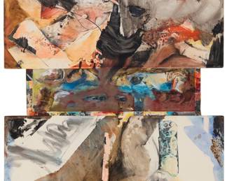 219 Sam "Kirson" Kirszencwajg (1936-2008) Neo-expressionist abstract, 2002 Mixed media including watercolor, acrylic, ink, and collaged elements on three sheets of paper Signed and dated lower right: Kirszencwajg 2002 Overall sheet: 52 1/4 x 29 in. (irreg.) Estimate: $300 - $500