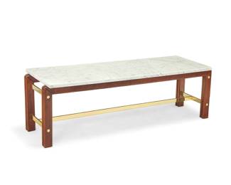 210 A Modern white marble top coffee table Late 20th century Unmarked The top set on a wood and polished brass base joined by a brass H-stretcher Height 17 1/2 in., width 56 3/4 in., depth 17 in. Estimate: $400 - $600