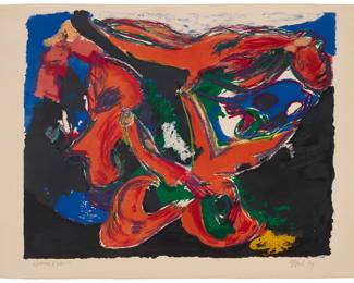 7 Karel Appel (1921-2006) "Faune Nocturne," 1959 Lithograph in colors on BFK Rives paper An artist's proof (aside from the edition of 150) Signed, dated, and inscribed "epreuve d'artiste" in pencil in the lower margin: Appel '59; titled by repute (with an alternative title, "Animal and Landscape" on a gallery label affixed to the frame's backing board) Image: 19 3/4 x 25 1/2 in.; Sheet: 22 x 30 in. Estimate: $500 - $700