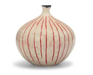 200 Jane Madson McDonald (20th Century) A glazed ceramic weed pot, mid-20th century Artist's impressed chop mark to underside With incised red lines Height 5 1/4 in., diameter 5 1/4 in. Estimate: $300 - $500