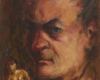 153 James Cagney (1899-1986) Self-portrait with nude Oil on thin board Signed and indistinctly inscribed lower right: "For AC[***?] " / Jim Cagney; inscribed in red ink, verso, likely in the hand of a framer: "1945-A" 12 x 8 in. Estimate: $300 - $500