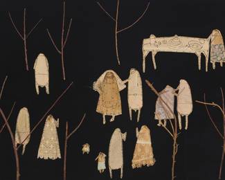 267 Suzanne Klotz-Reilly (b. 1944) Wedding scene in an artist's made shell and faux pearl shadowbox frame, 1979 Mixed media including pencil, paper, fabric, twigs, seashells, and faux pearls on a black velvet-covered board and painted wood frame Signed and dated verso: Klotz-Reilly / '79 22 x 33 in. Estimate: $300 - $500