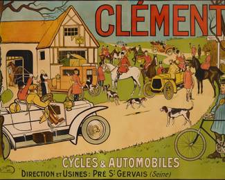 87 Harry Eliott (1882-1959) "Clement Cycles & Automobiles" poster, 1906 Lithograph in colors on paper From the edition of unknown size Signed and dated as part of the image; E. Bougard, Paris, France, prntr. 43 x 51 3/4 in. Estimate: $1,500 - $2,000