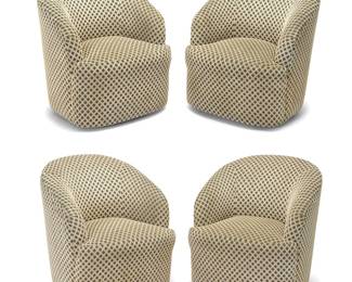 134 A set of four Contemporary lounge chairs Late 20th/early 21st century Each unmarked Upholstered in cream and taupe trellis pattern, each raised on casters 4 pieces Each height 35 1/2 in., width 32 1/2 in., depth 34 in. Estimate: $400 - $600