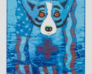 311 George Rodrigue (1944-2013) "We Will Rise Again," 2005 Offset lithograph in colors on paper From the edition of unknown but presumably large size Signed in pencil in the poster's lower right: Rodrigue; with the printed text in the poster's lower margin: typewritten "© 2005 George Rodrigue / We Will Rise Again / New Orleans 2005"; incised on the frame plaque: "Irving/ Your kindness and generosity can never be measured / for all of the lives that you have touched / Thank you! Chef Paul Prudhomme / Sahwn McBride and the staff at / K-Paul's Louisiana Kitchen and Magic Seasoning Blends / Katrina 2005" Image: 25 x 16 5/8 in.; Sight: 26 1/2 x 19 5/8 in. Estimate: $600 - $800