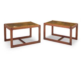 212 A pair of Contemporary teak and copper top side tables Mid-20th century Each unmarked 2 pieces Each height 20 1/4 in., width 33 in., depth 21 7/8 in. Estimate: $500 - $700