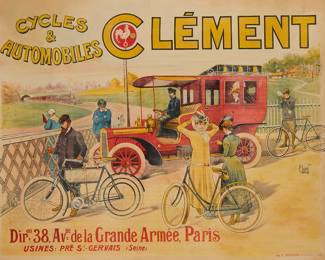91 René Leverd (1872-1938) "Cycles & Automobiles Clément," circa 1902 Lithograph in colors on paper From the edition of unknown size With the signature printed as part of the image, right of center Image: 43 x 60 in.; Sight: 46 x 62 in. Estimate: $600 - $800