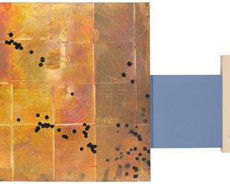 220 David Mocarski (20th/21st Century) "To Worship the Heart / Looking for Center," 1992 Mixed media including paint, pencil, ink, and metallic leaf on three joined panels Signed, titled, and dated "4/92," all in ink verso: D. Mocarski; titled and dated again on a typewritten label affixed verso, with the number "61" printed in black ink 24 x 38 1/2 in. (irreg.) Estimate: $300 - $500
