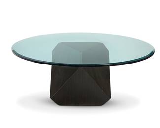 129 A William Earle pedestal dining table Early 21st century Unmarked With round beveled glass top over a walnut veneer base Overall height 29 1/4 in., diameter 66 in.; base height 28 1/4 in., width 32 1/2 in., depth 30 1/2 in. Estimate: $600 - $800