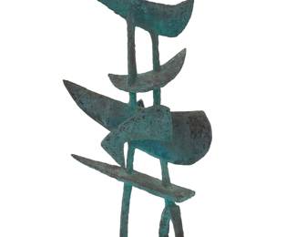 48 A Brutalist style verdigris patinated bronze figurative sculpture 1954 Signed indistinctly and dated in the casting Height 32 1/2 in., width 15 in., depth 8 1/2 in. Estimate: $400 - $600