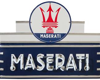 102 A reproduction Maserati neon sign Late 20th century Enameled metal, electrified Height 22 in., width 35 1/4 in., depth 6 1/2 in. Estimate: $500 - $700