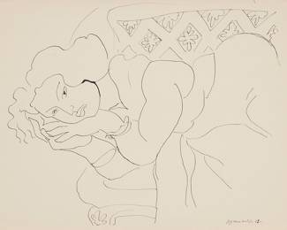 193 After Henri Matisse (1869-1954) Resting figure (Théme D Variation 9), one plate from the "Dessins: Thèmes et Variations" portfolio, 1943 Photographic reproduction of an ink drawing on paper as issued From the total edition of 950 With the artist's name, inscription, and date, lower right, all as part of the original drawing from which this is photographic reproduction was made; Georges Duval, Paris, France, prntr.; Martin Fabiani, Paris, France, pub. Image: 8 3/4 x 10 3/4 in.; Sight: 9 x 12 in. Estimate: $400 - $600