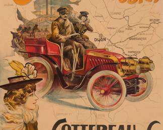 89 After Francisco Tamagno (1851-1933) "Cycles & Automobiles, Cottereau & Cie.," by A. Gallice, circa 1900 Lithograph in colors on paper From the edition of unknown size and date With both the artist's and lithographer's names printed as part of the image; La Lithographie Parisienne Romanet, Paris, France, prntr.; Cottereau & Cie, Dijon, France, pub. Sight: 59 x 43 3/4 in. Estimate: $1,000 - $2,000