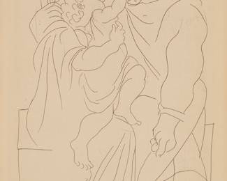 23 Pablo Picasso (1881-1973) "Couple et Enfant," plate 2 from "Lysistrata," 19341934 Etching on wove paper From the edition of 1500 (there was also a deluxe edition of 150 pencil signed and numbered impressions on Arches paper with wide margins) Signed and dated in Roman numerals in reverse as part of the plate Roger Lacouriere (L'Atelier Lacourière), Paris, France, prntr.; The Limited Editions Club, New York, NY, pub. Plate: 8 1/4 x 5 1/2 in.; Sight: 8 3/4 x 6 in. Estimate: $300 - $500