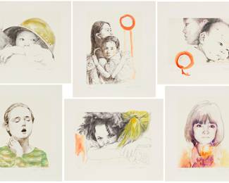 303 Hung Liu (b. 1948) "Litany" portfolio, 2009 The set of six archival prints in colors with hand embossing on Innova paper Artist's proof 2/3, aside from the edition of 25 Each: Signed, dated, and inscribed "2/3 AP" in pencil, in the lower margin: Hung Liu 2009; David Salgado, prntr.; loose as issued; together with the signed, dated, and numbered colophon page and the forward; all housed in the original red linen-covered portfolio box and white portfolio sleeve Each Image: 10 x 13 1/2 in. (or reverse); Each Sheet: 15 x 17 1/2 in. (or reverse) Estimate: $300 - $500