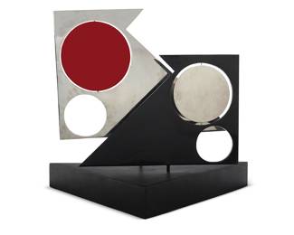 172 Betty Younger (1932-2019) Geometric movement Chromed and enameled metal, articulated Twice impressed: R [in a circle] Overall height 30 in., width 34 1/4 in., depth 17 in., dimensions variable Estimate: $800 - $1,200