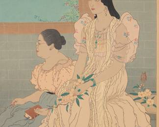 300 Paul Jacoulet (1902-1960) "Joaquina et sa mere au sermon du Pere Pons, Rota: Marianes," 1947 Woodcut in colors with silver highlights on handmade mulberry paper Edition: 179/350 (of which fewer than 50 impressions were printed; there were also fewer than 150 impressions of a separate edition printed) Signed in pencil above the artist's red ink owl stamp in the image to the right of center: Paul Jacoulet; the titled printed in the lower margin, at right; stamp-numbered in red ink on the verso of the lower edge; with the black ink stamps of both the carver, Kentaro Maeda, and the printer, Tetsunosuke Honda, in the lower portion of the right margin Image: 15 3/8 x 11 7/8 in.; Image/Sheet: 16 x 12 3/8 in. Estimate: $400 - $600