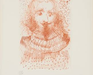25 Salvador Dalí (1904-1989) "Shakespeare," one plate from the "Much Ado about Shakespeare" portfolio, 1968 Engraving in sanguine on Rives paper Edition: 118/150 (in this color on this paper; the total edition was 267 plus some proofs) Signed and numbered in pencil in the lower margin Plate: 6 3/4 x 4 3/4 in.; Sight: 10 1/2 x 8 1/2 in. Estimate: $800 - $1,200