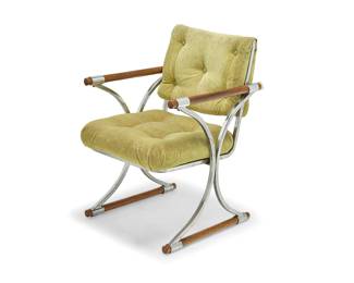 133 In the manner of Cleo Baldon (1927-2014) A Modern armchair, mid-20th century With factory label marked: Model L-2704 Raised on hourglass chromed metal and wood dowel supports, with tufted velvet upholstery to seatback and seat cushion Height 32 1/2 in., width 21 3/4 in., depth 24 1/2 in. Estimate: $200 - $400