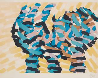 8 Karel Appel (1921-2006) "Encounter in Yellow Fields," one plate from "Ten by Appel," circa 1974 Lithograph in colors on paper A printer's proof, aside from the total edition of 175 Signed and inscribed "P.P." in pencil in the lower margin: Appel; Atelier Dumas, Inc. New York, NY, prntr., with their blindstamp; London Arts, Inc., Detroit, MI, pub. Image: 21 1/8 x 29 1/8 in.; Sight: 23 1/2 x 30 3/4 in. Estimate: $300 - $500