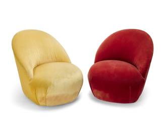 11 Sally Sirkin Lewis (b. 1932) A pair of 'Juliette' slipper chairs for J. Robert Scott, circa 1970s Each with J. Robert Scott, Inc. factory label, one label inscribed and possibly dated: 1976 / Juliet Comprising one red and one gold-toned velvet 2 pieces Height of each 35 in., width 33 in., depth 40 in. Estimate: $300 - $500