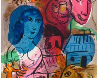 21 Marc Chagall (1887-1985) "The 'Antilopa' Passengers," from "Hommage à Marc Chagall: Numero special de XXe Siècle," 1969 Lithograph in colors on off-white wove paper From the edition of unknown size (apart from the pencil signed and numbered edition of 75 with margins) Unsigned and with the "XXe Siècle" text printed verso, both as issued Image/Sheet: 12 1/4 x 9 1/2in Estimate: $200 - $300