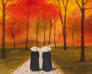 241 Frank Whipple (1923-2016) Two nuns walking down a path in an autumn landscape Oil on board Signed lower right: Whipple 5 x 5 in. Estimate: $600 - $800