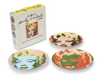 284 After Andy Warhol (1928-1987) A partial set of Marylin Monroe china coupe plates by Block, 1997 Each with printed inscription verso Comprising three of the set of four plates, housed in original packaging 3 pieces Each plate diameter 8 1/4 in.; box height 2 3/4 in., width 9 in., depth 8 3/4 in. Estimate: $200 - $300