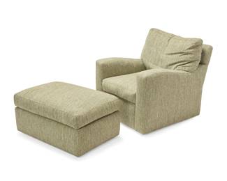 59 An A. Rudin swivel chair no. 628 and ottoman Circa 2020s Each with A. Rudin tag Upholstered in green chenille fabric, with conforming ottoman raised on casters 2 pieces Height of chair 37 in., width 34 1/2 in., depth 40 in.; ottoman height 19 in., width 36 in., depth 25 in. Estimate: $600 - $800