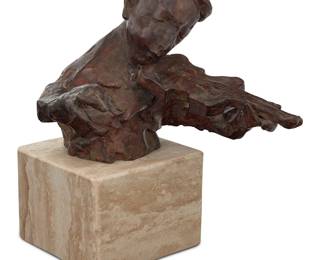 32 David Aronson (1923-2015) Fiddler Patinated bronze on marble plinth Edition: 48/250 Signed in the casting: Aronson; impressed edition; foundry mark: JM [conjoined, Joel Meisner] Bronze height 5 7/8 in., width 7 1/4 in., depth 7 3/4 in.; overall height 8 7/8 in., width 7 1/4 in., depth 8 1/4 in. Estimate: $500 - $700
