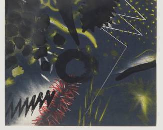 73 Peter Alexander (1939-2020) Untitled, one plate from the "Three American Artists" portfolio, 1982 Etching and aquatint in colors on wove paper Edition: 49/50 Signed with initials, dated, and numbered in pencil in the lower margin: P.A. 82; Timothy Berry, Teaberry Press, San Francisco, CA, prntr.; Centrum Foundation, Port Townsend, WA, pub.; with the printer and publisher's blindstamps in the lower margin corners Plate: 9 x 10 in.; Sheet: 17 x 18 1/2 in. Estimate: $400 - $600