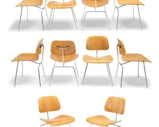 38 Charles and Ray Eames (1907-1978 and 1912-1988) A set of ten DCM dining chairs for Herman Miller, 1984-1999 Designed 1946 One with black factory label to underside: [logo] herman miller ® Each with a molded plywood seat and backrest on a tubular chrome frame with rubber shock mounts and plastic glides 10 pieces Each height 29 3/4 in., width 21 in., depth 21 in. Estimate: $1,200 - $1,800