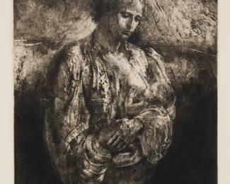 299 Trevor Southey (1940-2015) "Motherhood II" Etching and aquatint on paper Edition: 94/100 Signed, titled, and numbered in pencil in the lower margin: Trevor Southey Plate: 14 7/8 x 11 3/4 in.; Sight: 23 x 19 in. Estimate: $200 - $300