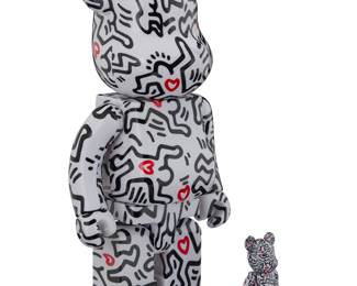 115 After Keith Haring (1958-1990) x BE@RBRICK Figure set #8, 2021 100% & 400% figures Produced by Medicom Toy, Tokyo, in original packaging Box height 12 in., width 8 in., depth 4 7/8 in.; height of larger bear 11 in.; height of shorter 2 7/8 in. Estimate: $400 - $600