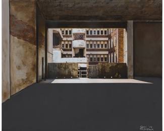 254 Jabulani Sam Nhlengethwa (b. 1955) "View of Transwerke" (from Constitution Hill), from the "Joburg Selected" series, 2019 Mixed media with collaged print on paper and oil on canvas Signed and dated lower right: Sam / Nhlengethwa / '19; signed and dated again, and titled, all verso 37 1/2 x 45 1/4 in. Estimate: $1,500 - $2,000