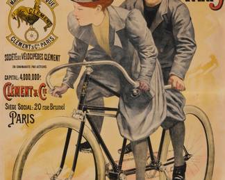 90 A Clément & Co. Paris bicycle poster, circa 1895 Lithograph in colors on paper From the edition of unknown size With a printed signature as part of the image, lower left: A. Gilbert Image: 70 x 46 in.; Sight: 72 x 48 in. Estimate: $600 - $800