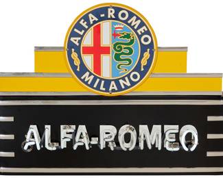 99 A reproduction Alfa-Romeo neon sign Late 20th century Enameled metal, electrified Height 20 in., width 35 1/2 in., depth 6 3/4 in. Estimate: $500 - $700