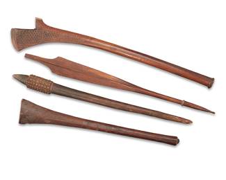 168 Four Oceanic war clubs 20th century Comprising a Fijian sali, a Niuean club, an Aboriginal/Koori 'nulla nulla' pandanus club, and a Polynesian club 4 pieces Longest (sali) 38 1/2 in.; shortest (bowai) 27 in. Estimate: $800 - $1,200