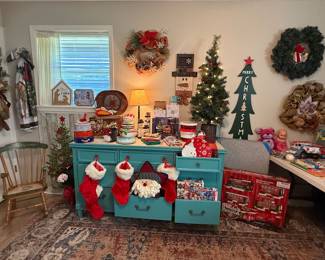 Christmas decor, wreaths, and stockings