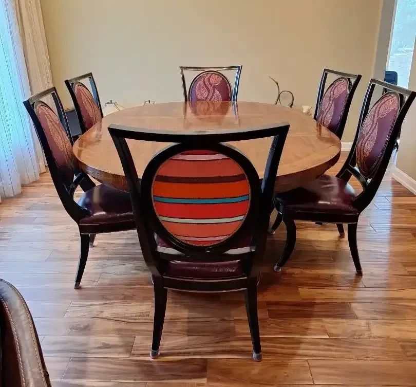 01 Bausman Custom Dining Table with 24 Leaf Six Century Dining Chairs