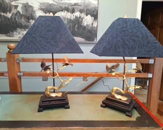 Pair of Decorative Bird Branch Table Lamps with Two Sets of Designer Lampshades