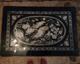 Asian Phoenix Motif Folding Tea Table with Black Lacquer Finish
