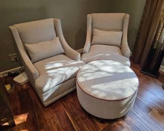 Pair of Lindsay Swivel Wingback Chairs with Matching Ottoman