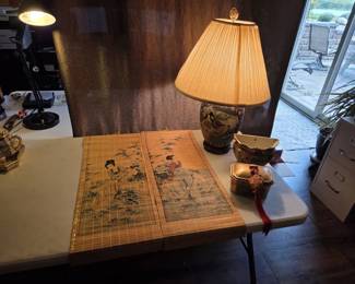 Asian Decor Collection with Porcelain Lamp, Bamboo Wall Art Decorative Accessories