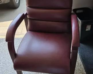 Burgundy Faux Leather Guest Chair with Wood Arms